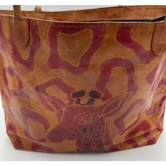Giraffe India 9.5X4” Genuine Leather Hand Tooled Bag Purse Vintage Brown Red - Picture 1 of 8